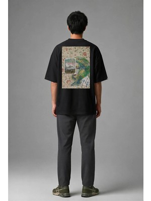 Posh Cabal A02105 Baskılı Oversize Siyah Erkek T-Shirt