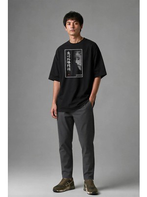 Posh Cabal F01104 Baskılı Oversize Siyah Erkek T-Shirt