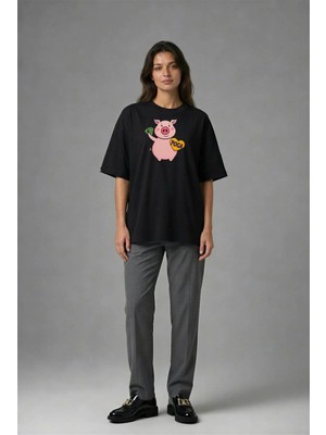 Posh Cabal F02022 Baskılı Oversize Siyah Kadın T-Shirt