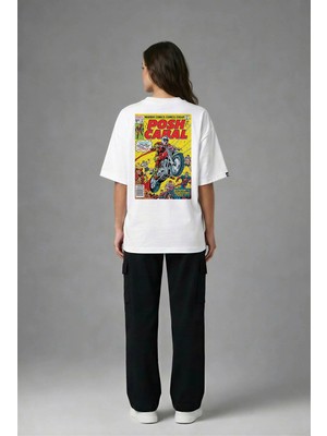 Posh Cabal A02131 Baskılı Oversize Beyaz Kadın T-Shirt
