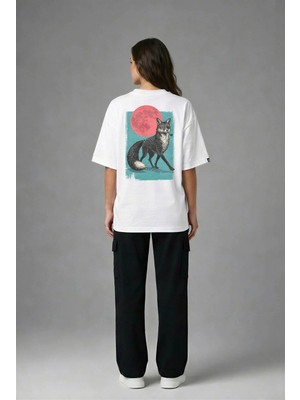 Posh Cabal A02124 Baskılı Oversize Beyaz Kadın T-Shirt