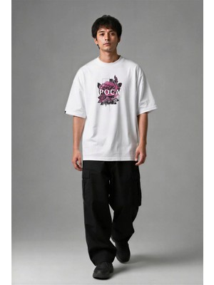 Posh Cabal F02003 Baskılı Oversize Beyaz Erkek T-Shirt