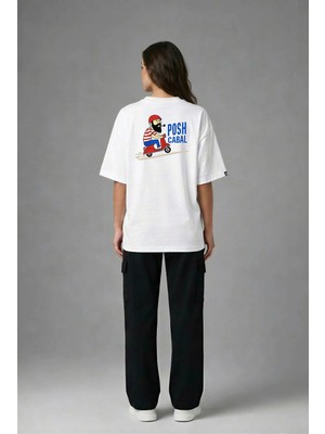 Posh Cabal A02121 Baskılı Oversize Beyaz Kadın T-Shirt
