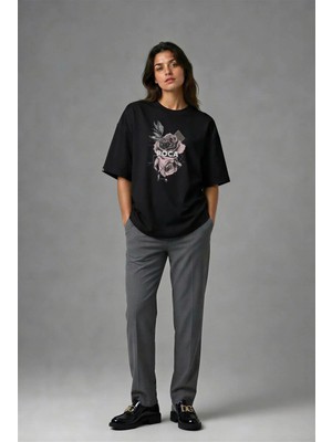Posh Cabal F02011 Baskılı Oversize Siyah Kadın T-Shirt