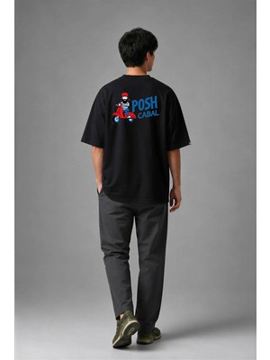 Posh Cabal A02119 Baskılı Oversize Siyah Erkek T-Shirt