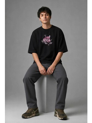 Posh Cabal F02010 Baskılı Oversize Siyah Erkek T-Shirt