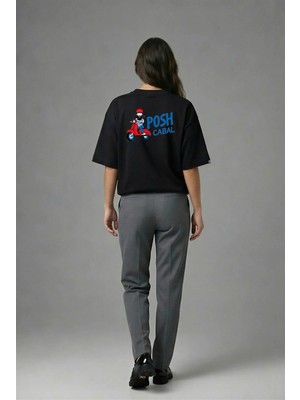 Posh Cabal A02119 Baskılı Oversize Siyah Kadın T-Shirt