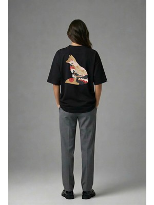 Posh Cabal A02140 Baskılı Oversize Siyah Kadın T-Shirt