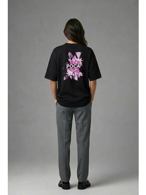 Posh Cabal A02012 Baskılı Oversize Siyah Kadın T-Shirt