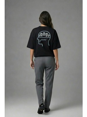 Posh Cabal A02040 Baskılı Oversize Siyah Kadın T-Shirt