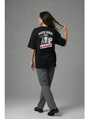 Posh Cabal A01023 Baskılı Oversize Siyah Kadın T-Shirt
