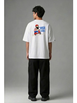 Posh Cabal A02121 Baskılı Oversize Beyaz Erkek T-Shirt