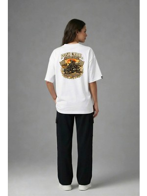 Posh Cabal A02129 Baskılı Oversize Beyaz Kadın T-Shirt
