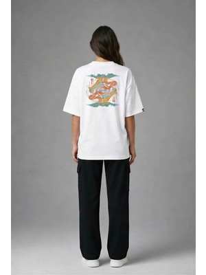 Posh Cabal A02038 Baskılı Oversize Beyaz Kadın T-Shirt