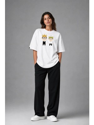 Posh Cabal F02031 Baskılı Oversize Beyaz Kadın T-Shirt