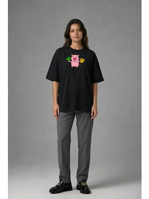 Posh Cabal F01022 Baskılı Oversize Siyah Kadın T-Shirt