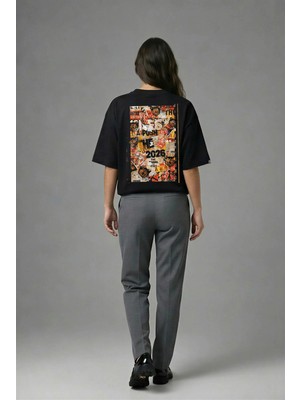 Posh Cabal A01040 Baskılı Oversize Siyah Kadın T-Shirt