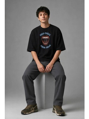 Posh Cabal F01060 Baskılı Oversize Siyah Erkek T-Shirt