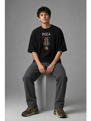 Posh Cabal F01065 Baskılı Oversize Siyah Erkek T-Shirt