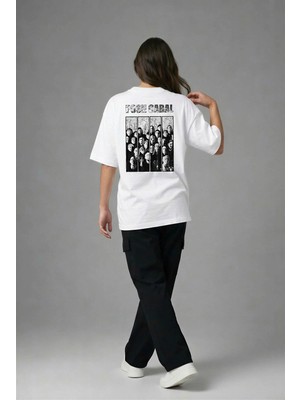 Posh Cabal A03117 Baskılı Oversize Beyaz Kadın T-Shirt