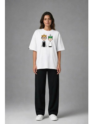 Posh Cabal F02032 Baskılı Oversize Beyaz Kadın T-Shirt