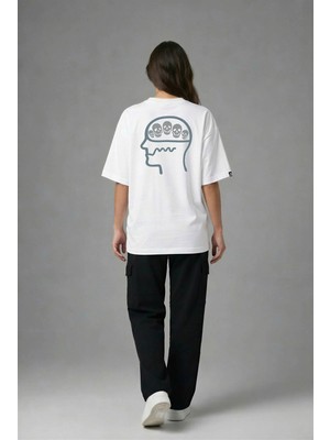 Posh Cabal A02040 Baskılı Oversize Beyaz Kadın T-Shirt