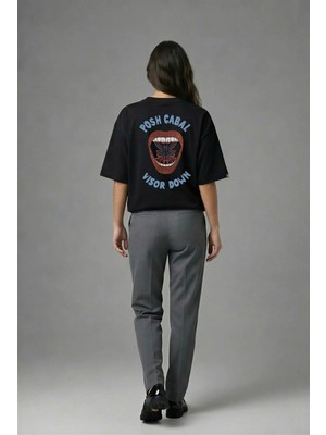 Posh Cabal A01060 Baskılı Oversize Siyah Kadın T-Shirt