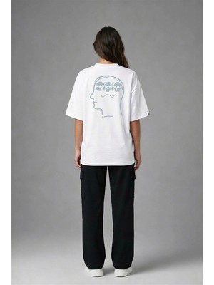 Posh Cabal A02041 Baskılı Oversize Beyaz Kadın T-Shirt