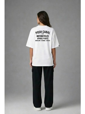 Posh Cabal A02145 Baskılı Oversize Beyaz Kadın T-Shirt
