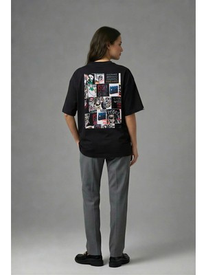 Posh Cabal A01044 Baskılı Oversize Siyah Kadın T-Shirt