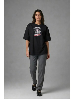 Posh Cabal F01023 Baskılı Oversize Siyah Kadın T-Shirt