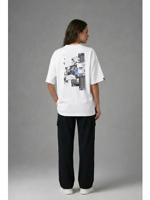 Posh Cabal A02132 Baskılı Oversize Beyaz Kadın T-Shirt