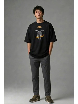 Posh Cabal F01066 Baskılı Oversize Siyah Erkek T-Shirt