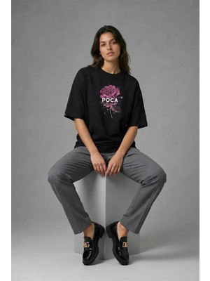 Posh Cabal F01015 Baskılı Oversize Siyah Kadın T-Shirt
