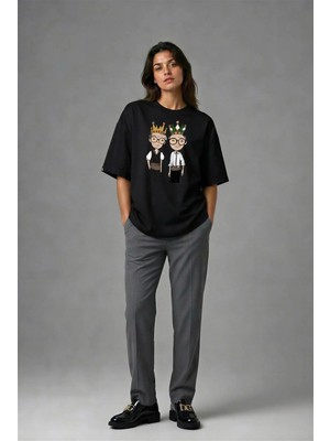 Posh Cabal F02036 Baskılı Oversize Siyah Kadın T-Shirt