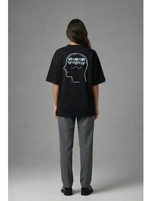Posh Cabal A02041 Baskılı Oversize Siyah Kadın T-Shirt