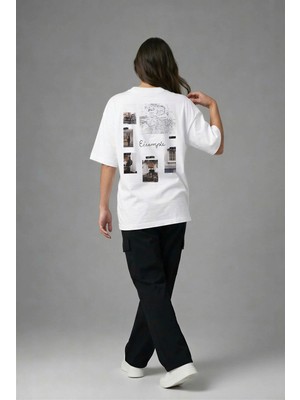 Posh Cabal A03137 Baskılı Oversize Beyaz Kadın T-Shirt