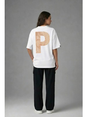 Posh Cabal A02118 Baskılı Oversize Beyaz Kadın T-Shirt