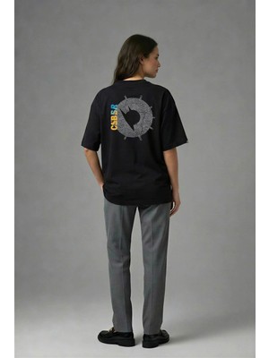 Posh Cabal A02064 Baskılı Oversize Siyah Kadın T-Shirt