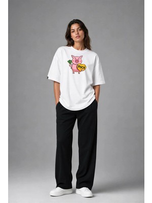 Posh Cabal F02021 Baskılı Oversize Beyaz Kadın T-Shirt