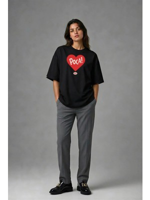 Posh Cabal F01021 Baskılı Oversize Siyah Kadın T-Shirt
