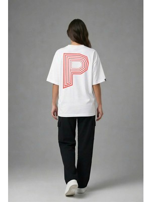 Posh Cabal A03001 Baskılı Oversize Beyaz Kadın T-Shirt