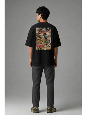 Posh Cabal A02052 Baskılı Oversize Siyah Erkek T-Shirt
