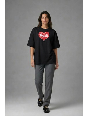 Posh Cabal F02013 Baskılı Oversize Siyah Kadın T-Shirt