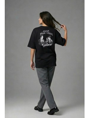 Posh Cabal A01038 Baskılı Oversize Siyah Kadın T-Shirt