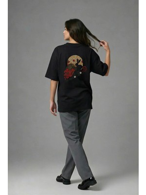 Posh Cabal A01048 Baskılı Oversize Siyah Kadın T-Shirt