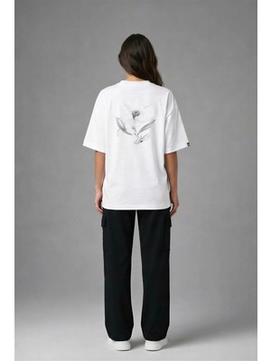 Posh Cabal A02048 Baskılı Oversize Beyaz Kadın T-Shirt