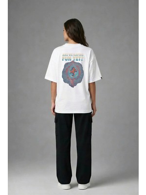 Posh Cabal A02047 Baskılı Oversize Beyaz Kadın T-Shirt