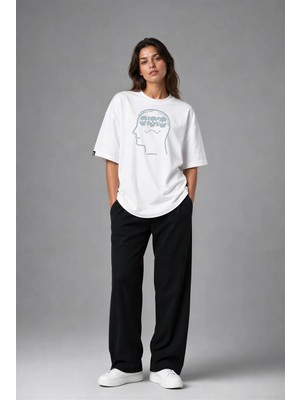 Posh Cabal F02041 Baskılı Oversize Beyaz Kadın T-Shirt