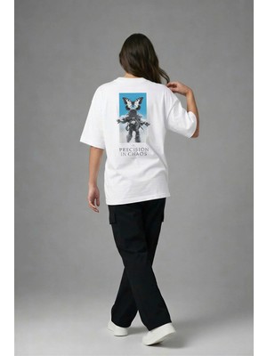 Posh Cabal A03132 Baskılı Oversize Beyaz Kadın T-Shirt